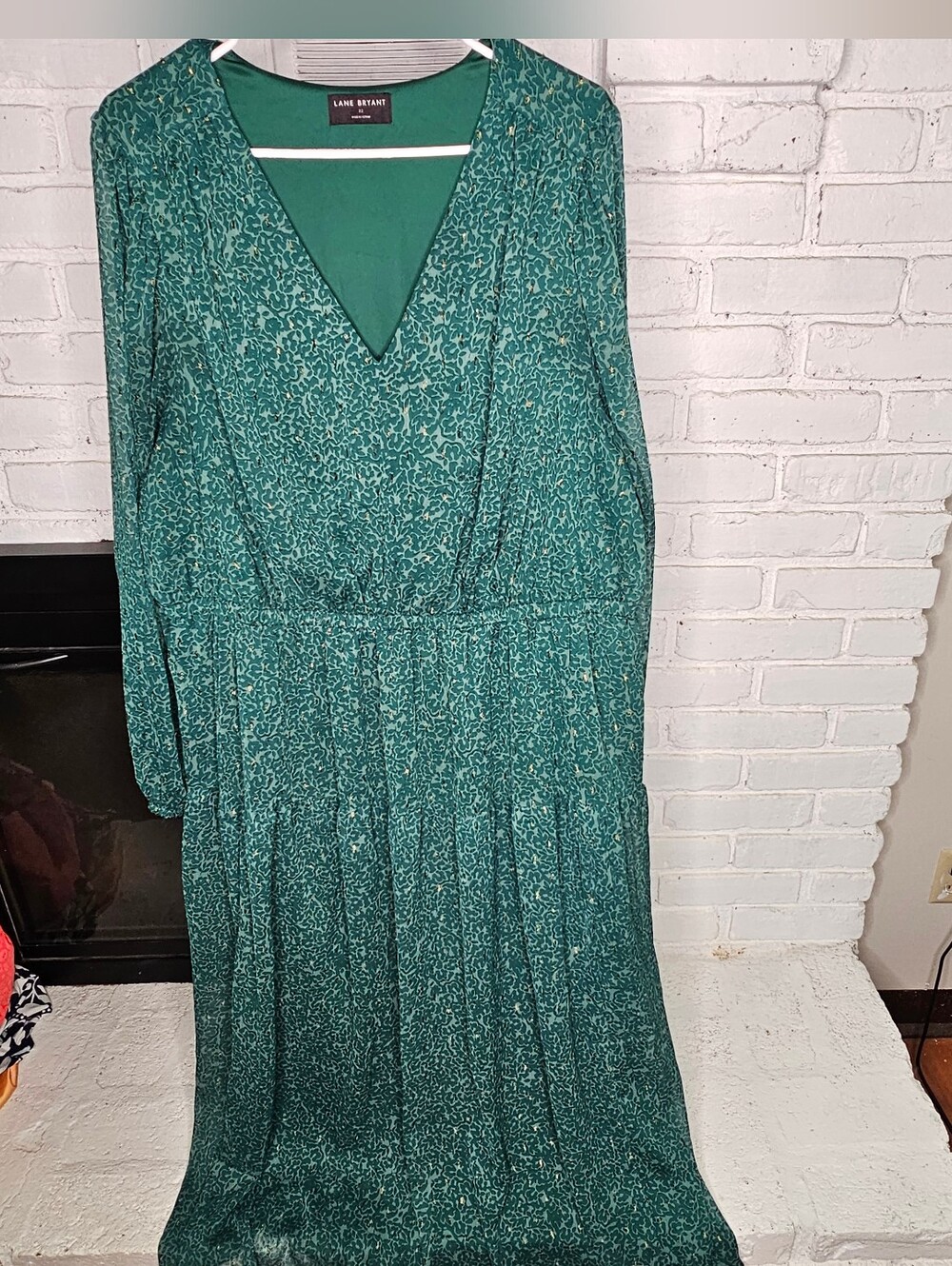 Lane Bryant Teal Green Printed V-Neck Long Sleeve Dress